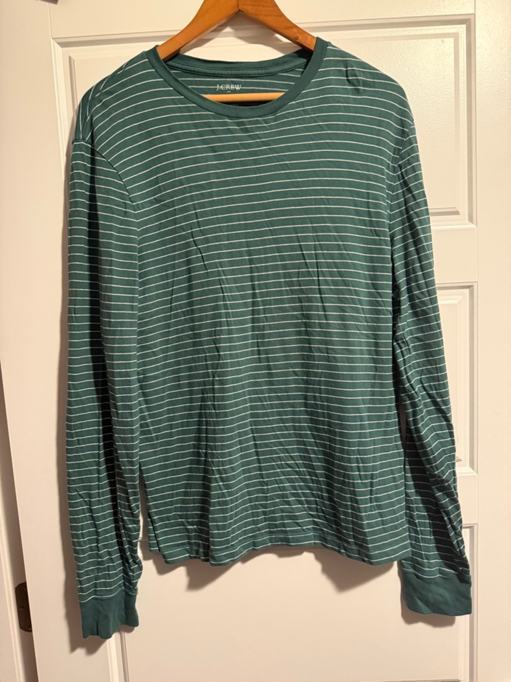 J. Crew Green & White Striped Long-Sleeve Crewneck Shirt